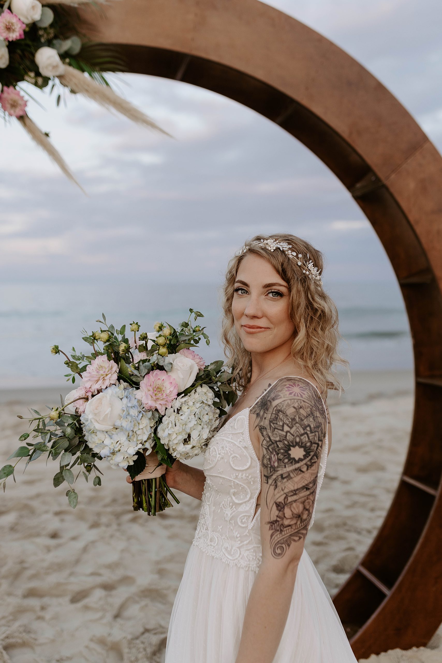 bridal portraits, outer banks wedding, oceanfront VRBO, 4X4 beach