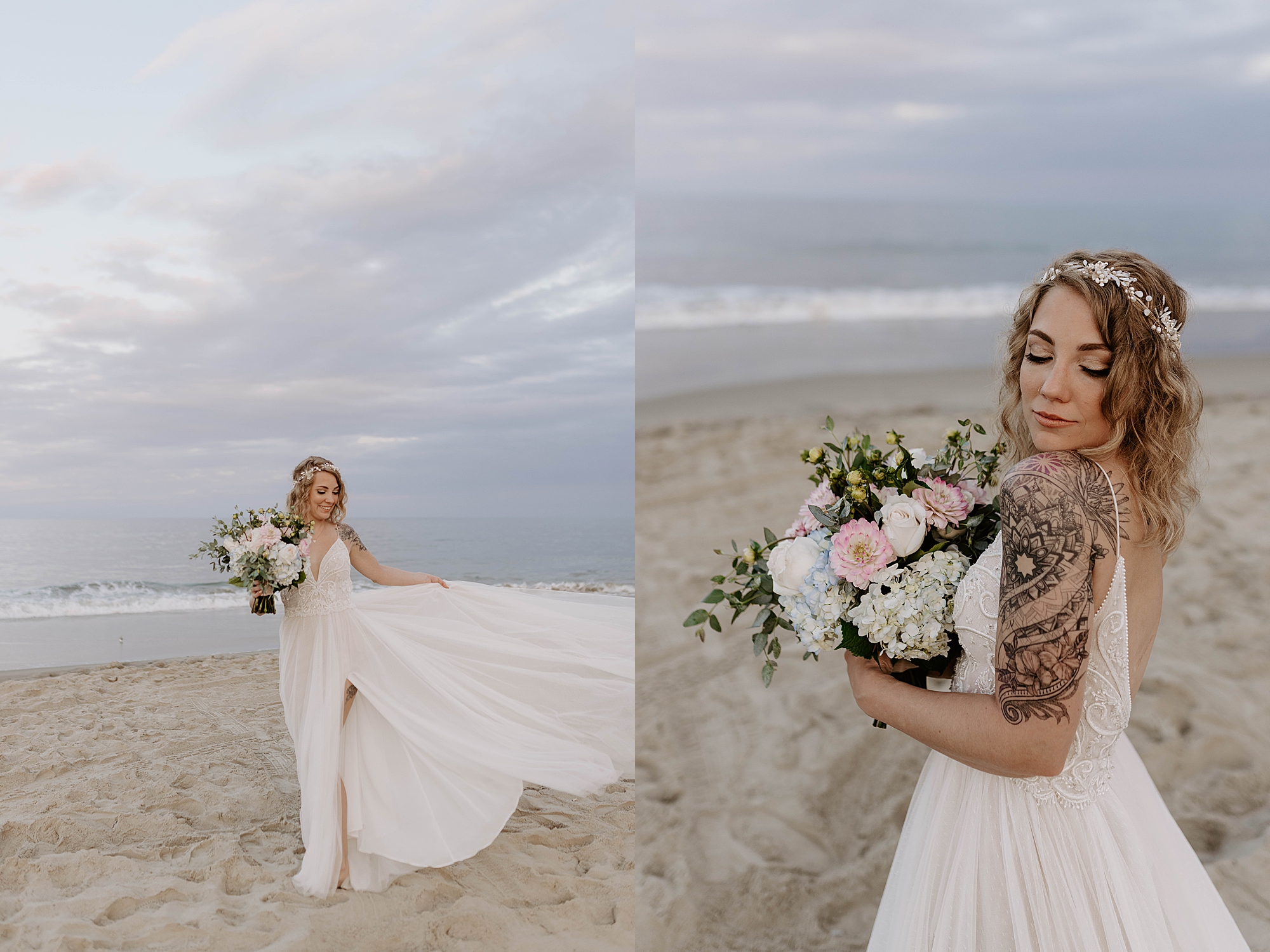 bridal portraits, outer banks wedding, oceanfront VRBO, 4X4 beach